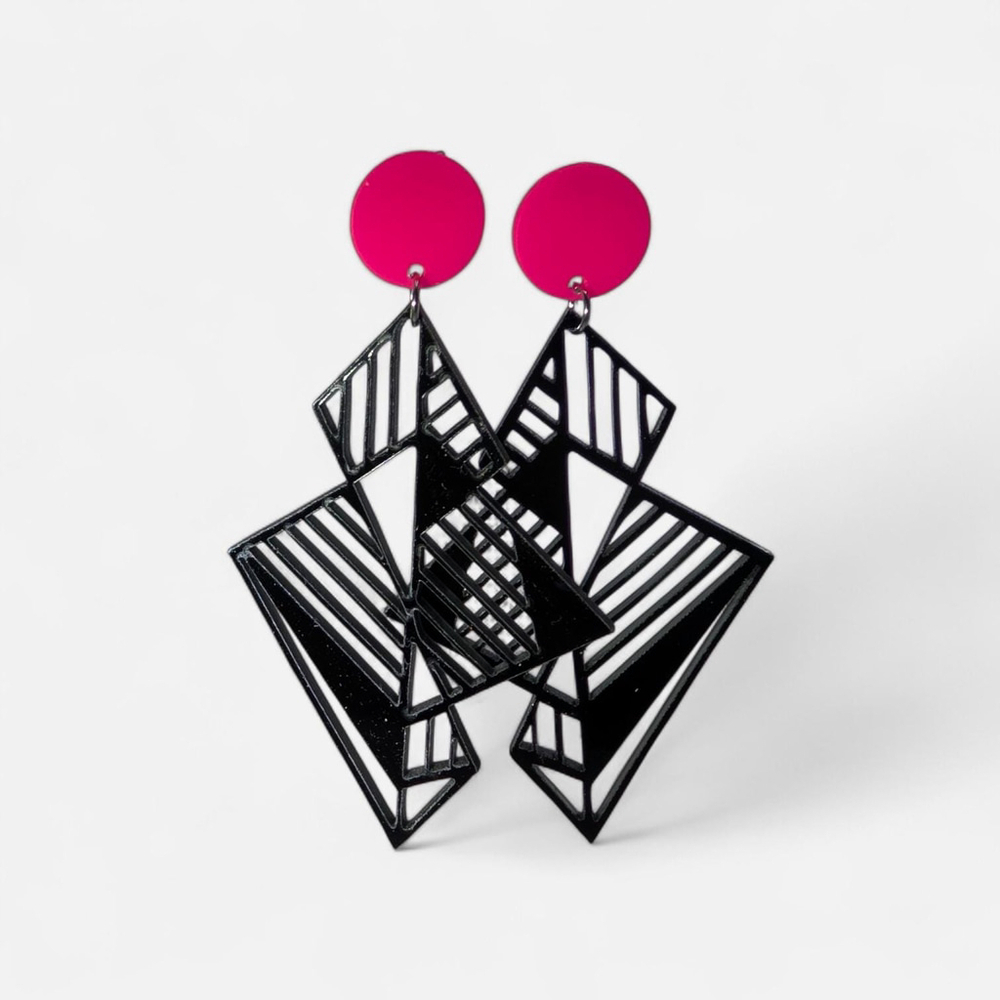 Hot Pink and Black Lightning Bolt Long Acrylic Earrings
